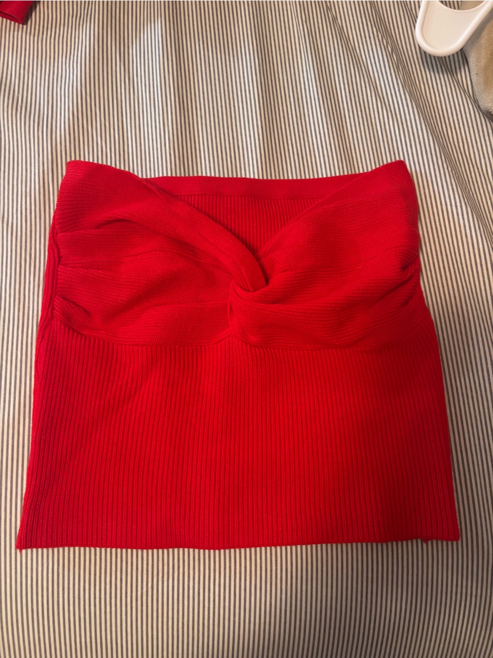 Buckle Red Ribbed Twist-Front Tube Top
